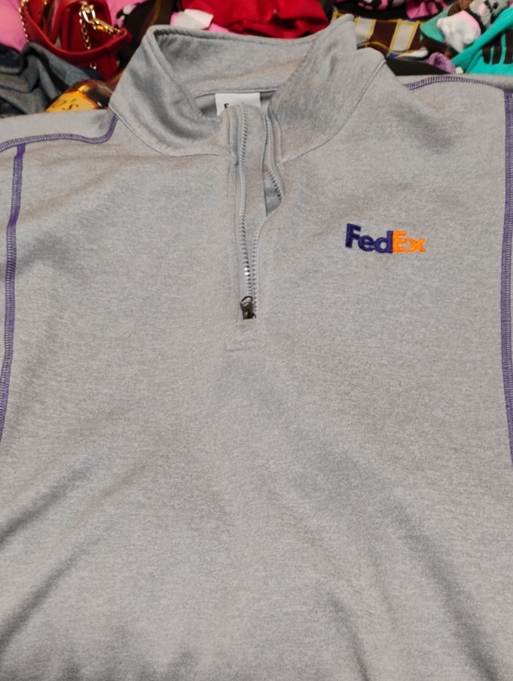 Dex Men’s Light Gray Quarter-Zip Sweater with Purple and Orange Logo
